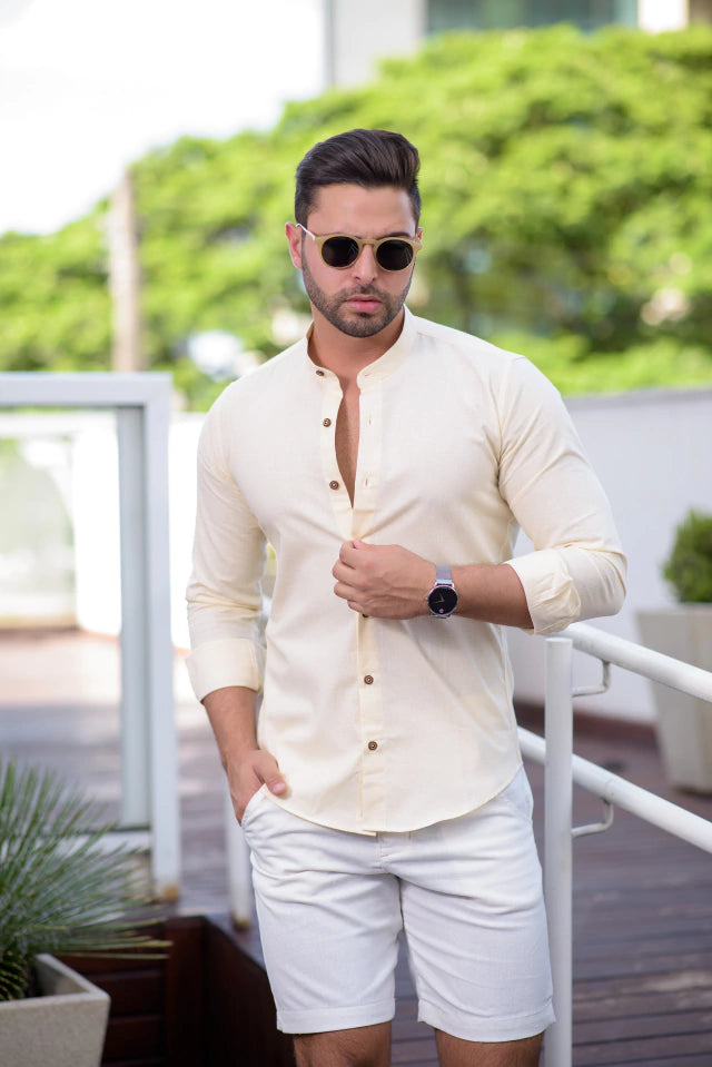 Camisa Slim Fit Linho Flamê Amarela - Gola Padre