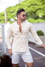 Camisa Slim Fit Linho Flamê Amarela - Gola Padre