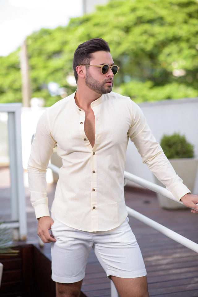 Camisa Slim Fit Linho Flamê Amarela - Gola Padre