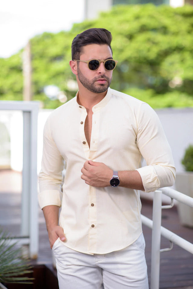 Camisa Slim Fit Linho Flamê Amarela - Gola Padre