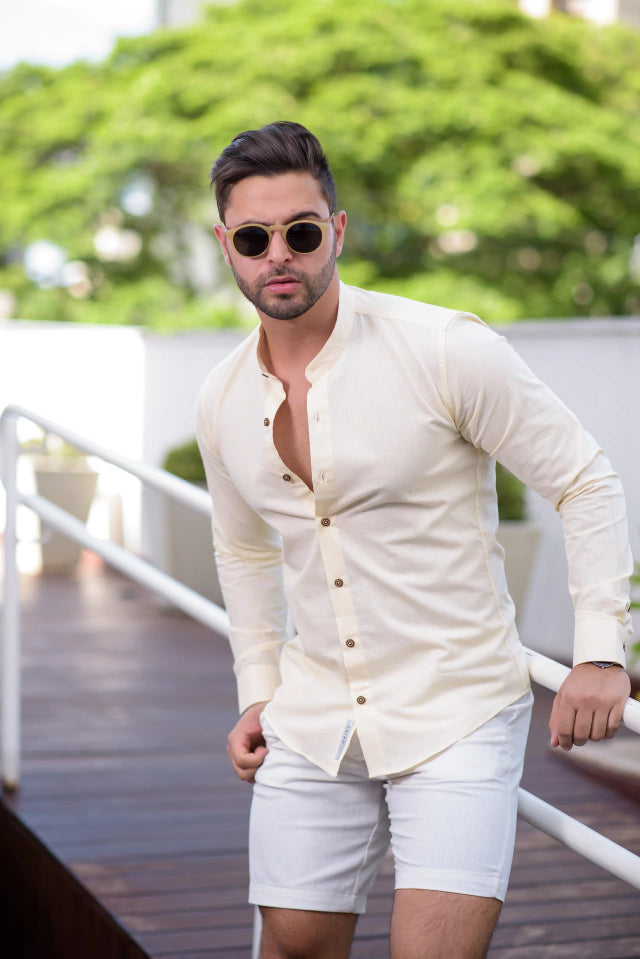 Camisa Slim Fit Linho Flamê Amarela - Gola Padre