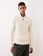 Suéter Polo Ralph Driver Icon Knit com meio zíper em algodão na cor creme.